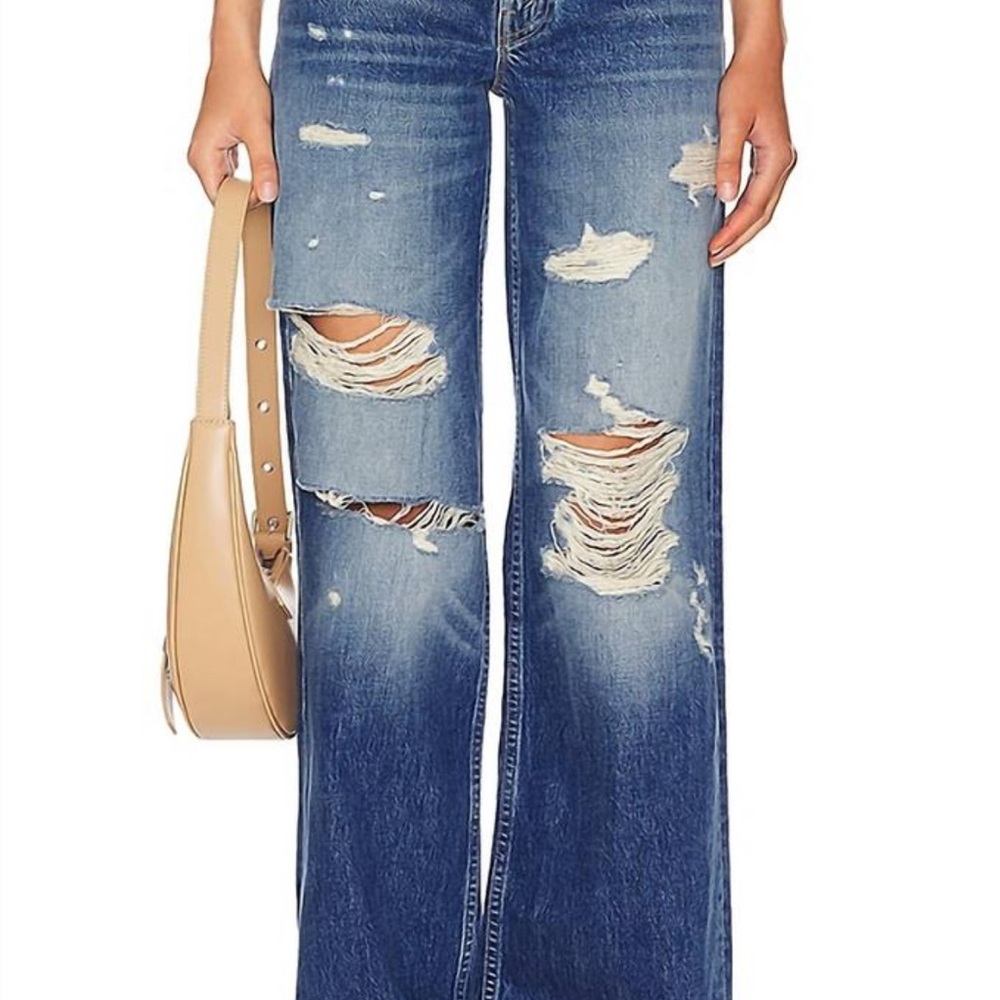 MOTHER Blue Distressed Flare Jeans